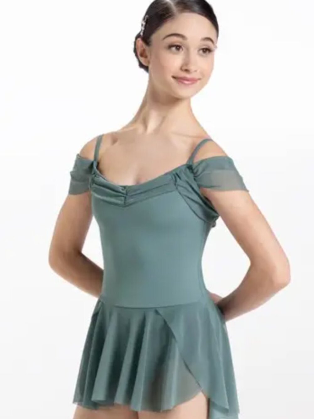 Weissman Sleeping Beauty Mesh Off the Shoulder Ballet Dress in Sage Green IC